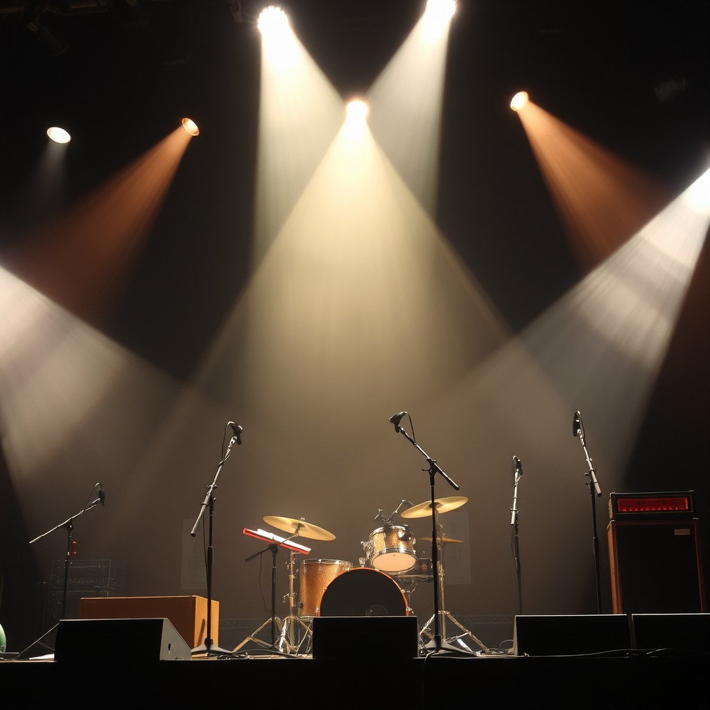 Empty stage lit with dramatic spotlights before a live performance